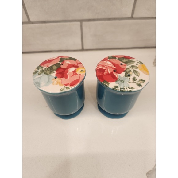 Pioneer‎ Woman Vintage Teal And Floral Ceramic Salt and Pepper Shakers Set - Picture 1 of 7